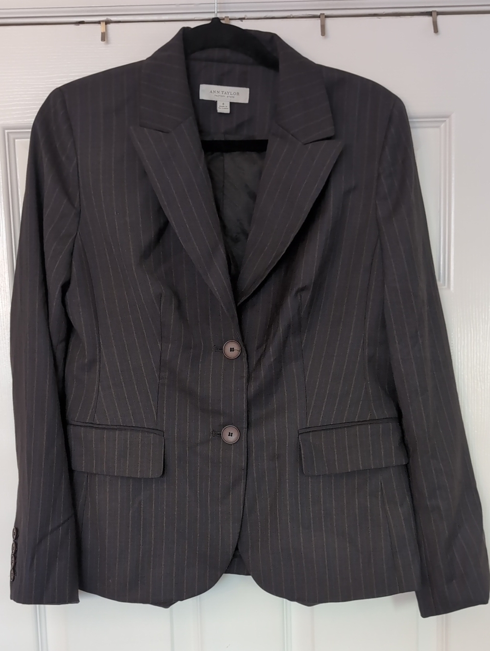 ANN TAYLOR FACTORY Dark Gray Pinstripe Two-Button Blazer